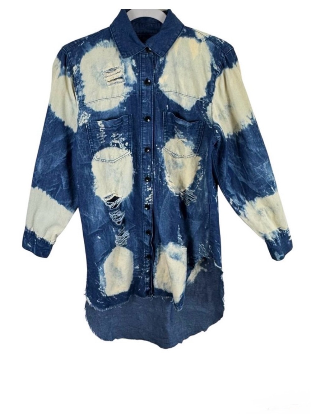 Thrill Jeans 100% Cotton Destroyed Bleached Light Hi Low Button Up Jean Shirt L